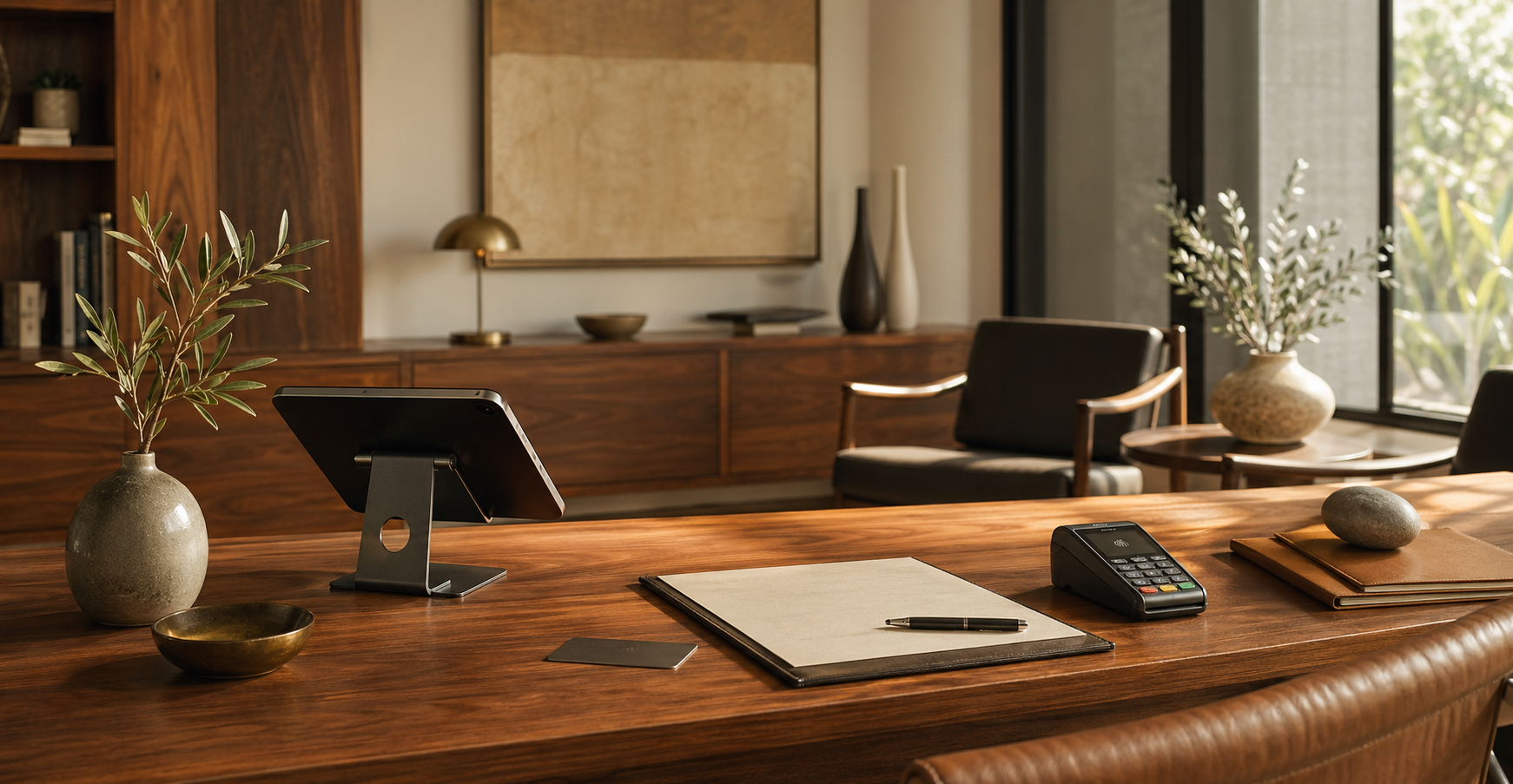 Mid-century modern client planning desk with a tablet stand, payment terminal, and bright cinematic light