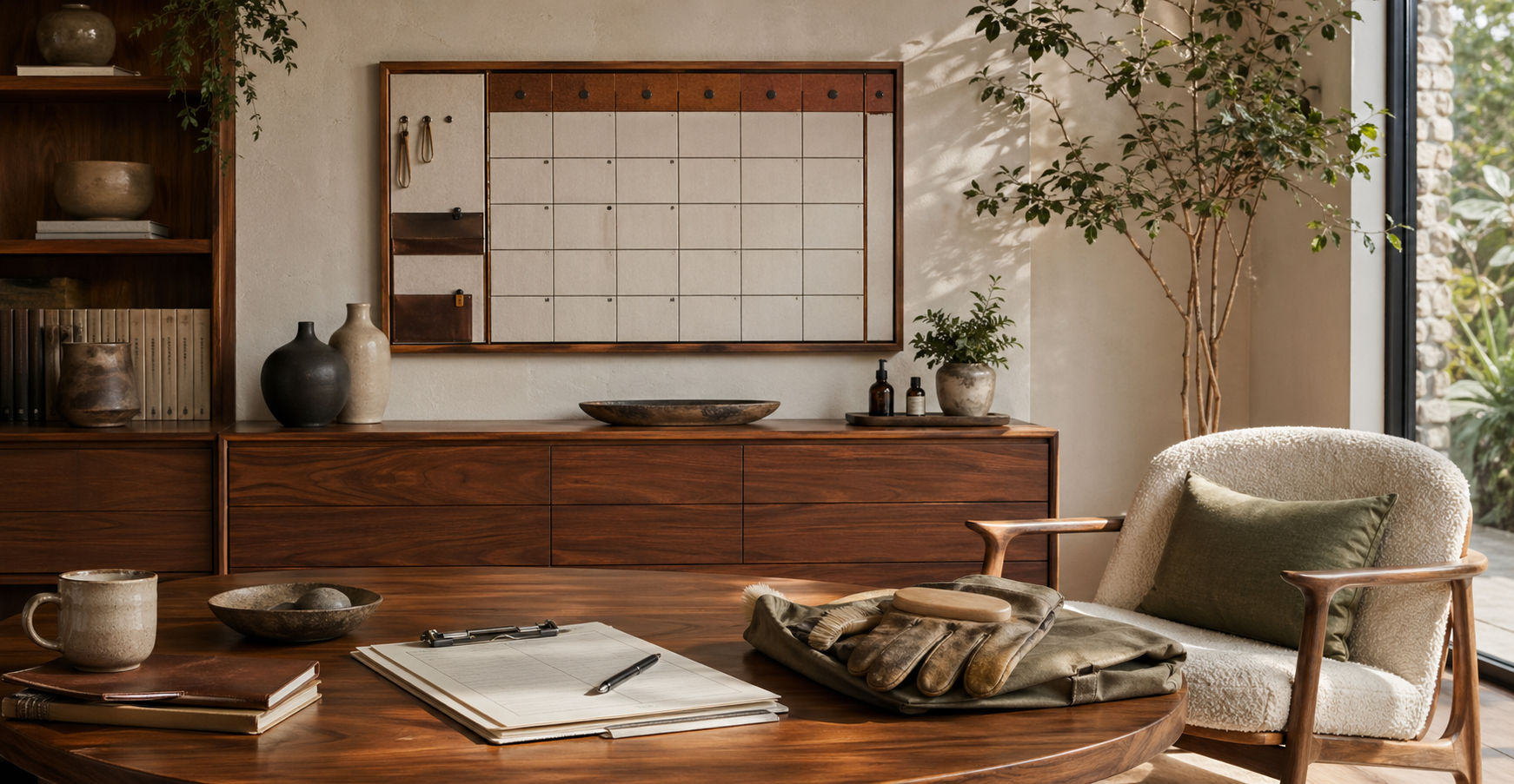 Mid-century modern maintenance planning space with a wall calendar board, service notes, and warm walnut textures