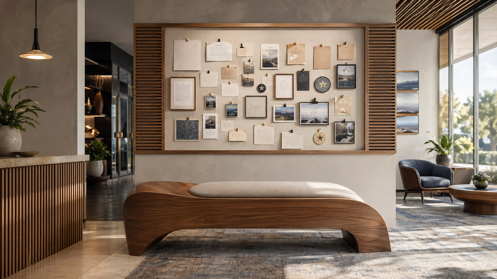 Mid-century modern storefront lounge with a curated customer review bulletin wall, warm walnut textures, and bright editorial daylight