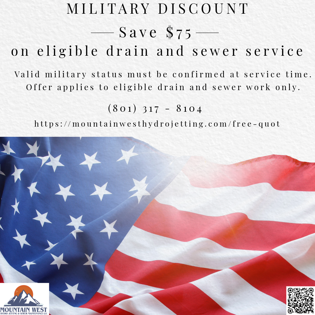 Military discount ad for eligible Mountain West drain and sewer service.