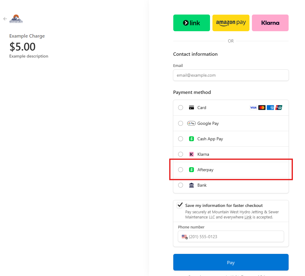 Afterpay checkout example