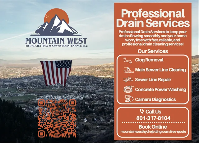 Mountain West promotional graphic listing drain and sewer services in Utah.