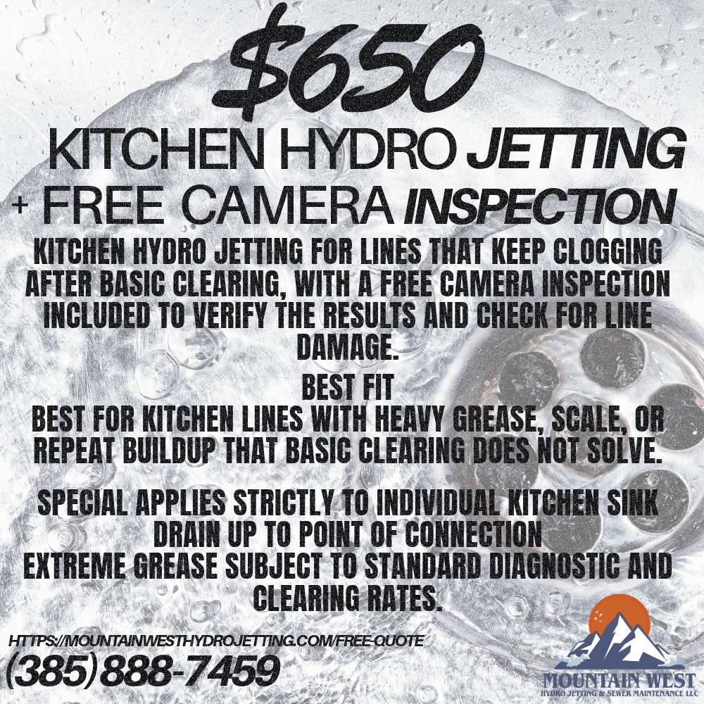 $650 kitchen hydro jetting with a free camera inspection. Individual kitchen sink drain up to point of connection; extreme grease subject to standard diagnostic and clearing rates.