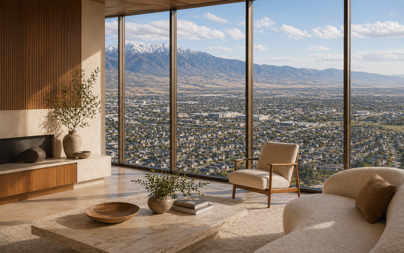 Elevated city view over Herriman from a warm mid-century modern interior