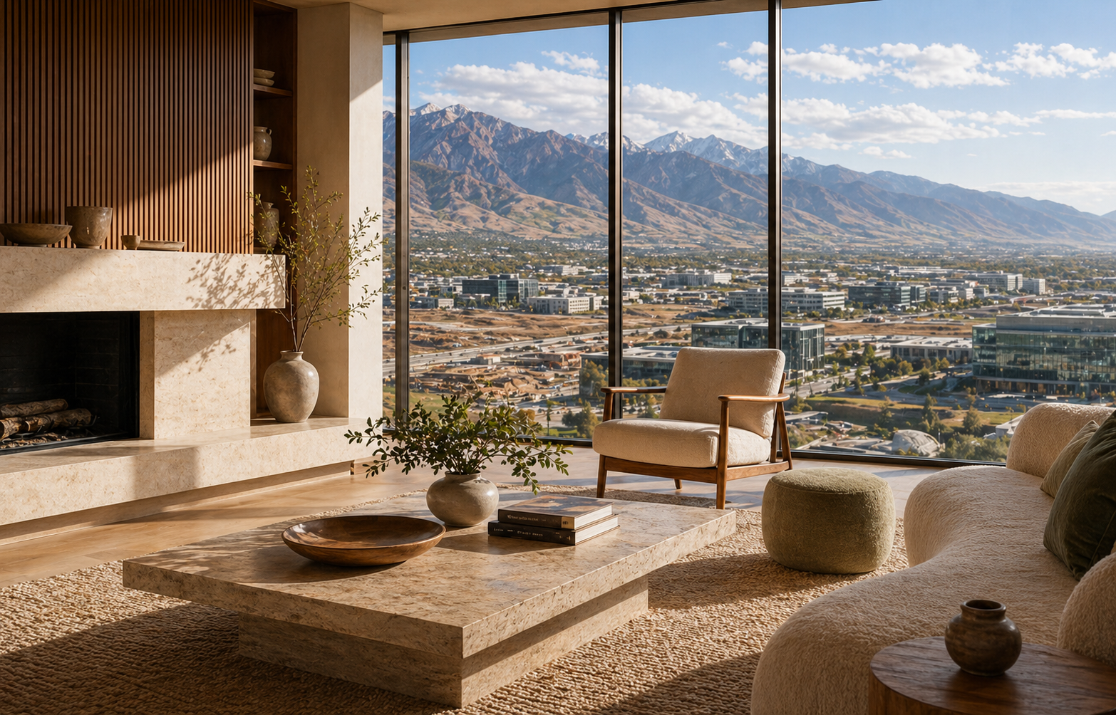 Elevated city view over Lehi with the Silicon Slopes corridor and mountains beyond